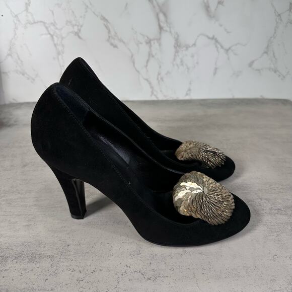 Sigerson Morrison Flair Silk Black Suede Sahara Heels Women's US6.5 EU40 Metal - Picture 7 of 10